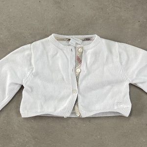 Burberry White Cardigan Sweater with Plaid Accent - Size 9 Months
